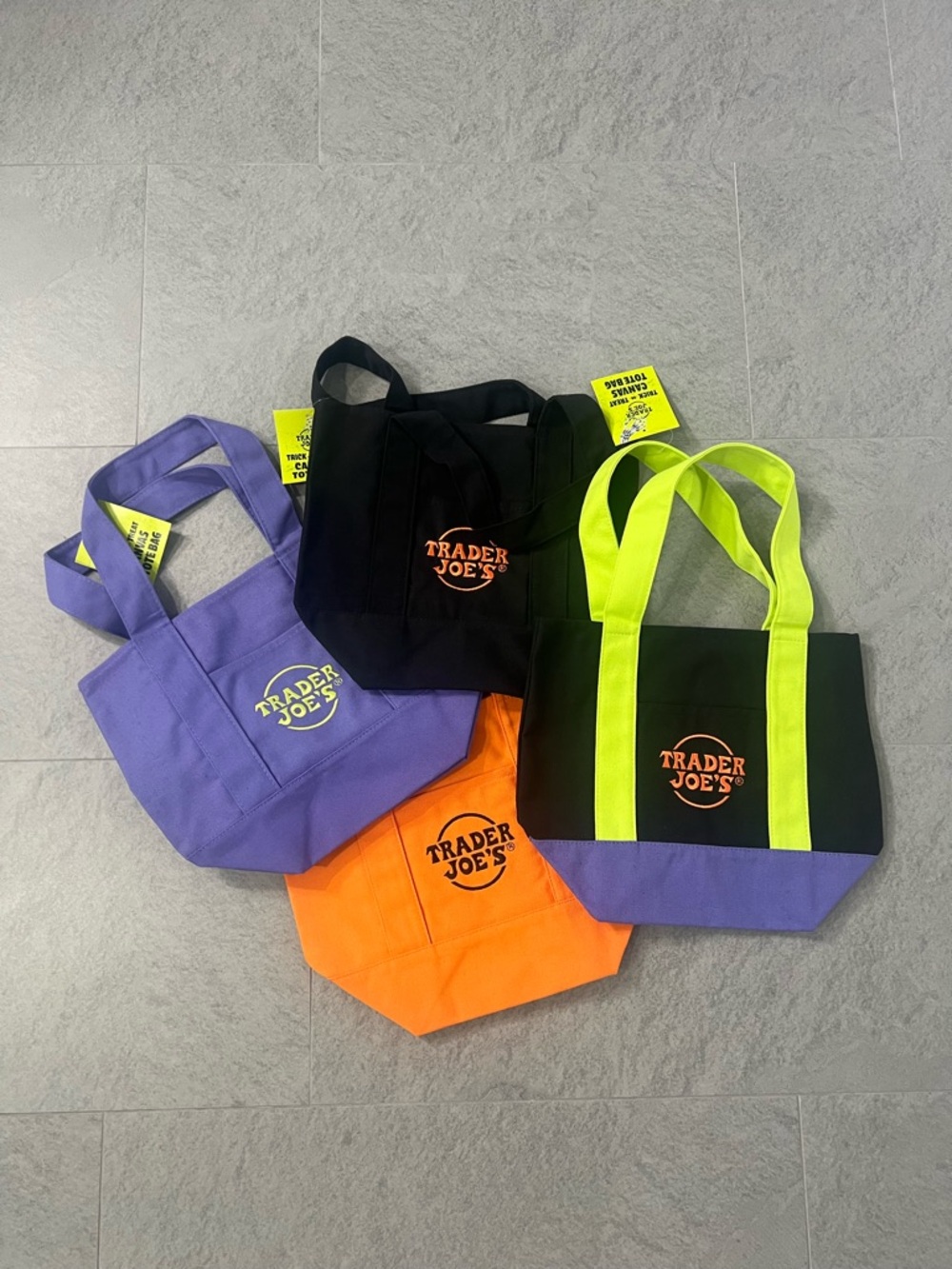 NWT Trader Joe's Mini Canvas Tote Bag in Black/Lime Green/Purple/Orange